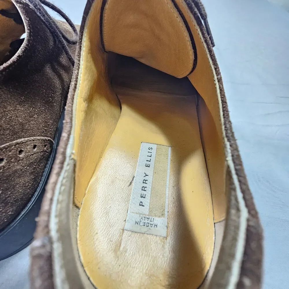 VTG Perry Ellis Made in Italy Brown Suede Wingtip Brogue Dress Shoes Men’s 10 M